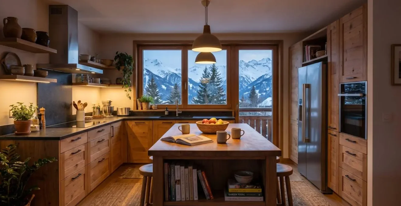 Cuisine moderne et équipée d'un appartement de montagne à Courchevel, avec vue sur les sommets enneigés