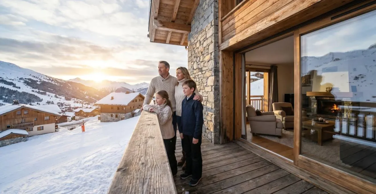 Famille avec deux enfants observant les pistes depuis le balcon d'un appartement de montagne à Courchevel