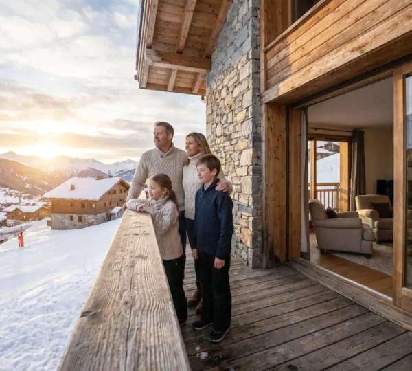Famille avec deux enfants observant les pistes depuis le balcon d'un appartement de montagne à Courchevel